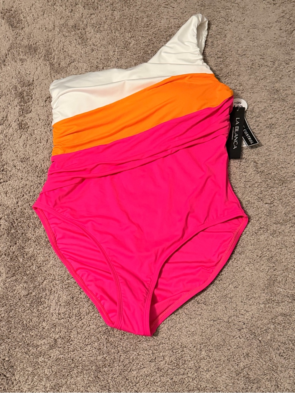 La Blanca One-Shoulder Colorblock Swimsuit - White, Orange, Hot Pink